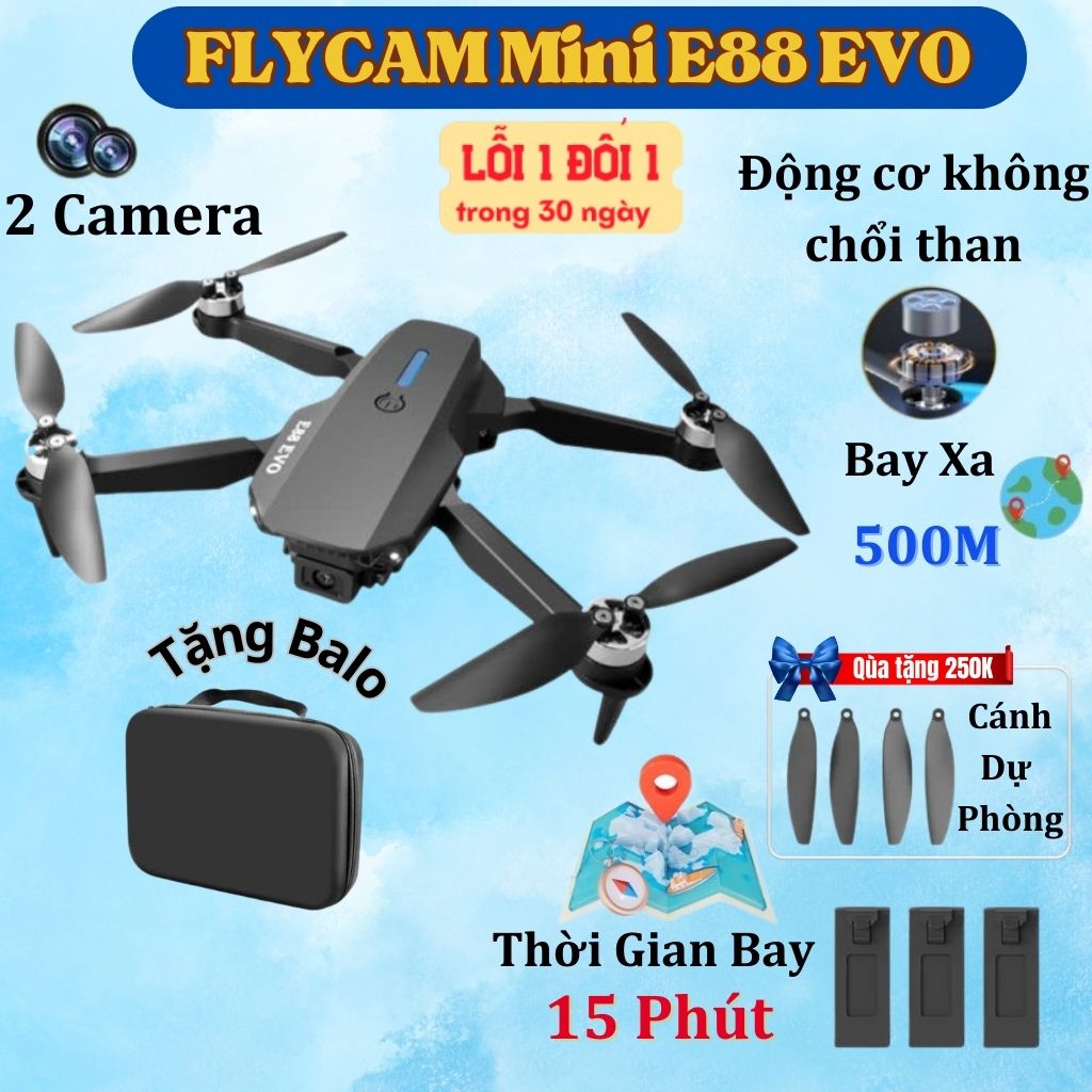 Plycam E88 Evo, Máy Bay Điều Khiển Từ Xa Flycam Mini 2 Camera, Pin Lithium 1800mAh bay 18 Phút