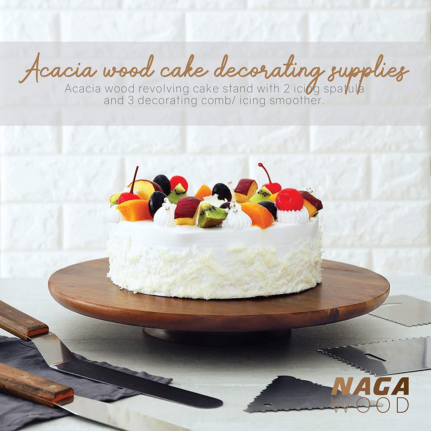 Đế Bánh Kem Bằng Gỗ 33cm [XOAY 360] Kèm Bộ dao chà láng, dùng làm bánh gato, trang trí tiệc sinh nhật 5.0