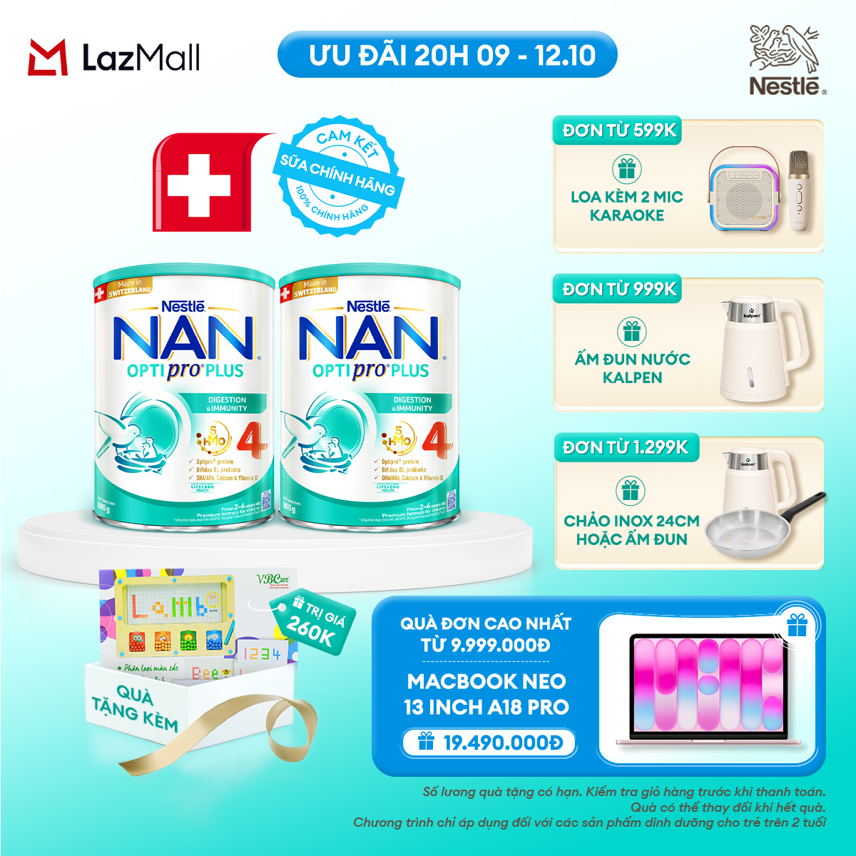 [CHỈ 20h 9-12.10 QT ĐƠN 599K/999K/1299K] [Tặng Đồ chơi phân loại màu sắc] Combo 2 lon Sữa bột Nestlé NAN OPTIPRO PLUS 4 800g/lon với 5HMO Giúp tiêu hóa tốt + Tăng cường đề kháng