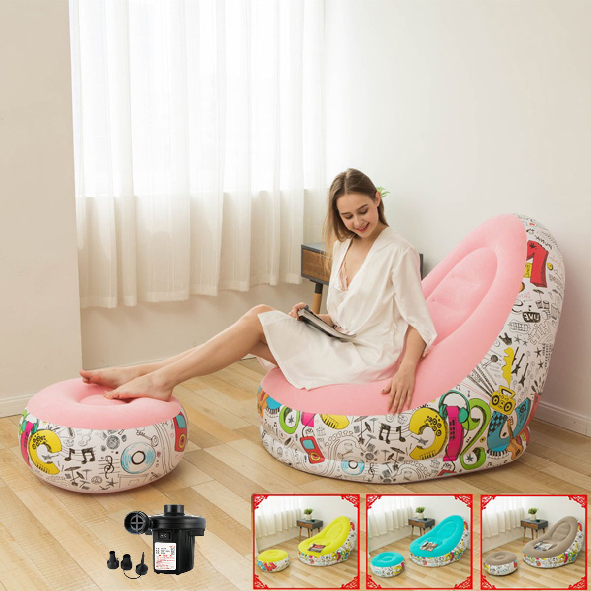 Ghế hơi tựa lưng, ghế hơi hiện đại cao cấp đọc sách, giải trí, xem phim... Ghế hơi bọc nhung KÈM BƠM ĐIỆN 2 CHIỀU