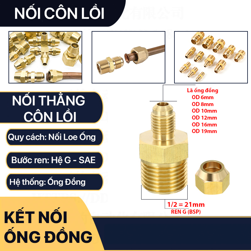 Bộ ren ngoài G 1/2 (21) và nón nối côn lồi hàn ống đồng 6 8 10 12 16 19 mm cho điện lạnh & khí nén (Brass Flare Male Connector) - Rắc co thẳng ren NPT