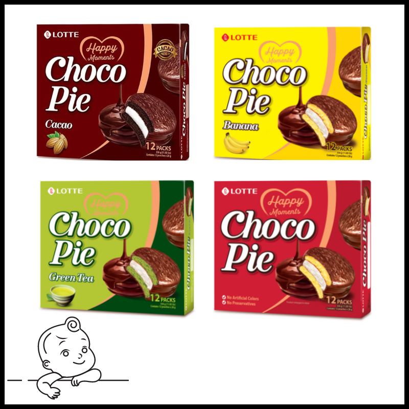 Bánh Lotte Choco Pie Green Tea - Combo 4 Loại: truyền thống, trà xanh, chuối và cacao - 12 cái 1 hộp - giảm giá tốt