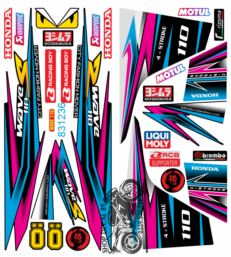 Tem Rời WAVE ALPHA 110 Chữ S XANH NGỌC HỒNG ĐEN MÃ 831236 (Tem 3 Lớp Chống Bay Màu)