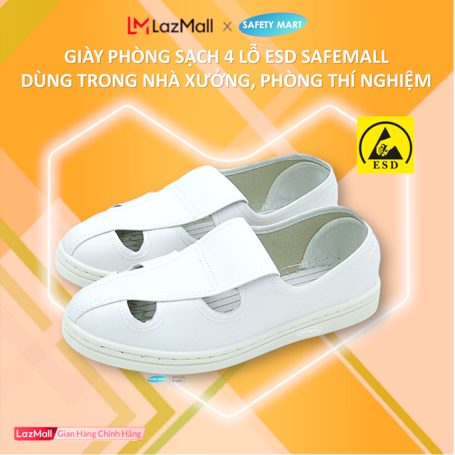 Giày phòng sạch chống tĩnh điện 4 lỗ PVC thoáng khí SafeMall màu trắng siêu nhẹ, Giày bảo hộ lao động nam nữ, Giày sử dụng trong nhà xưởng, xí nghiệp, công ty điện tử - Hàng Chính Hãng Safety Mart Official