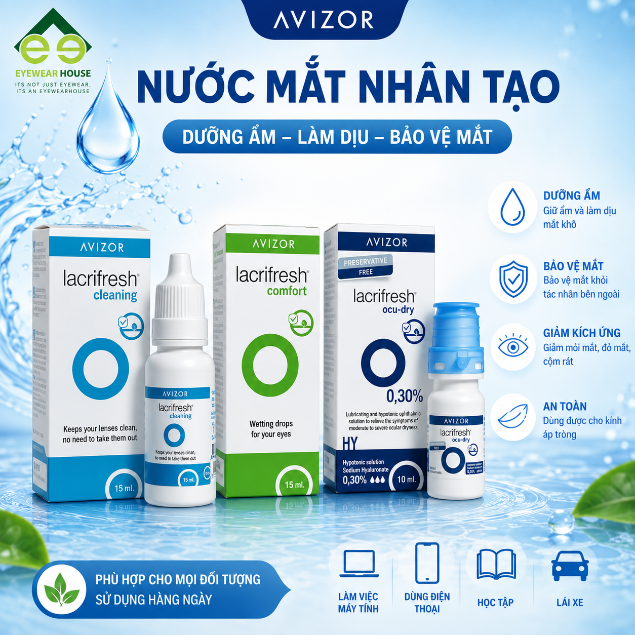 Avizor Ocu Dry /Comfort /Cleaning Eye Drops- Dung Dịch Nước Mắt Nhân Tạo/có thể dùng cho kính áp tròng
