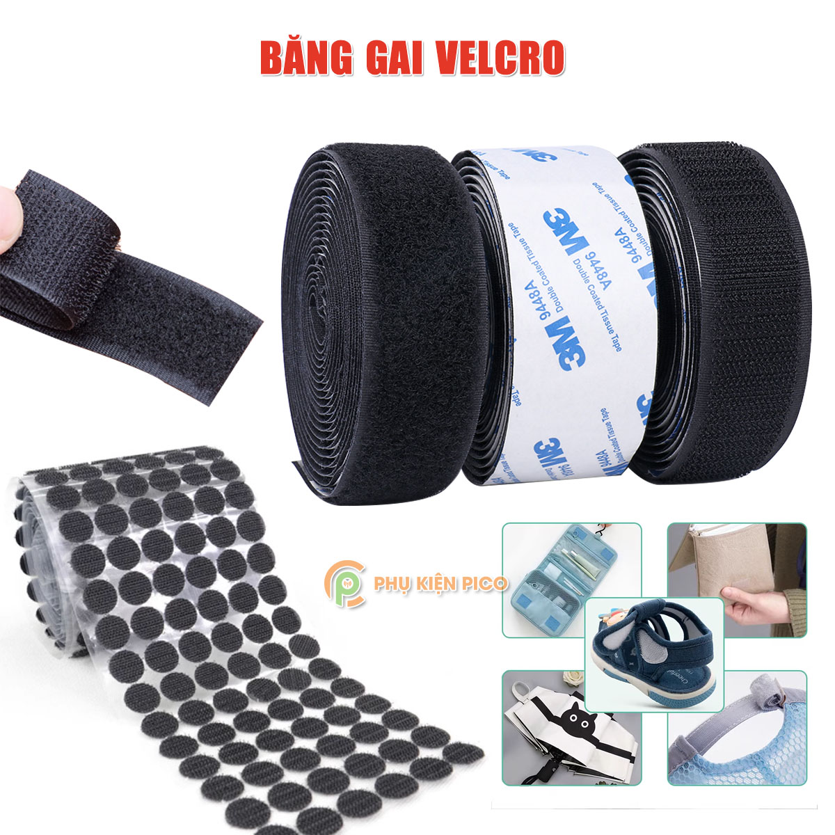 Dây quấn Băng gai Velcro có keo 3M Băng gai tròn dính khóa nhám gai miếng dán vải 2 mặt dán giày túi xách quần áo