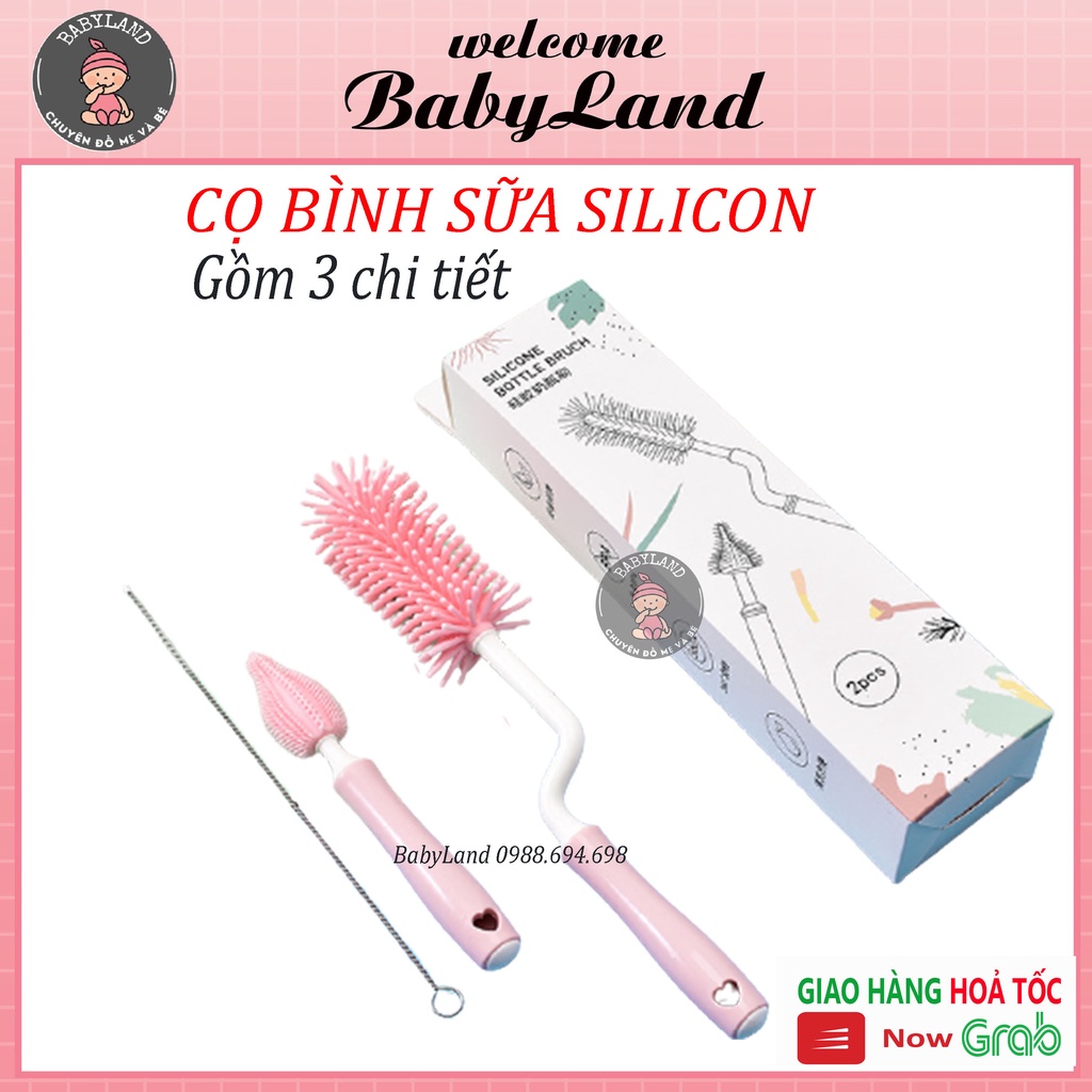 Bộ cọ rửa bình sữa silicon cao cấp 3 chi tiết cho bé tay cầm xoay 360 độ
