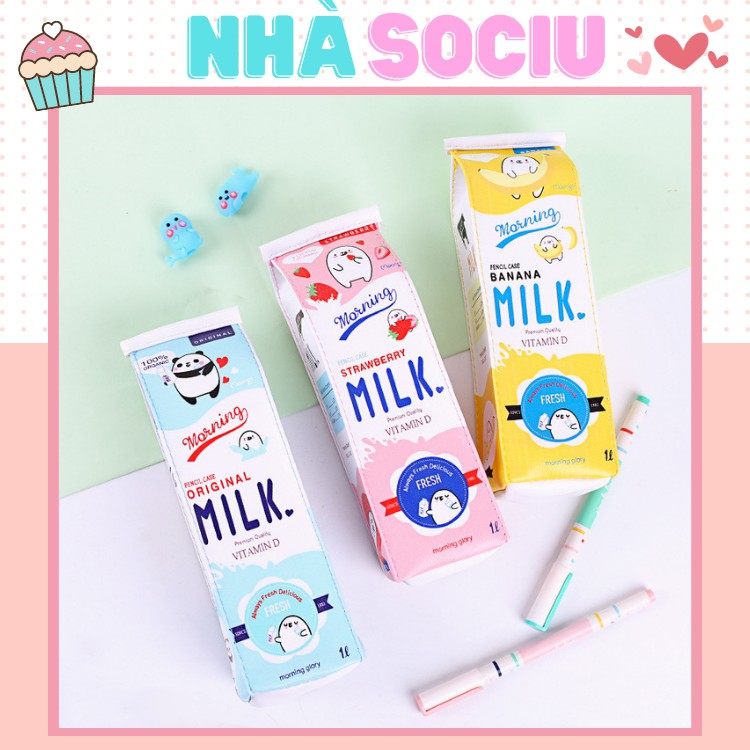 Hộp bút, bóp đựng bút viết hình hộp sữa milk size lớn đựng được nhiều bút viết Sociu