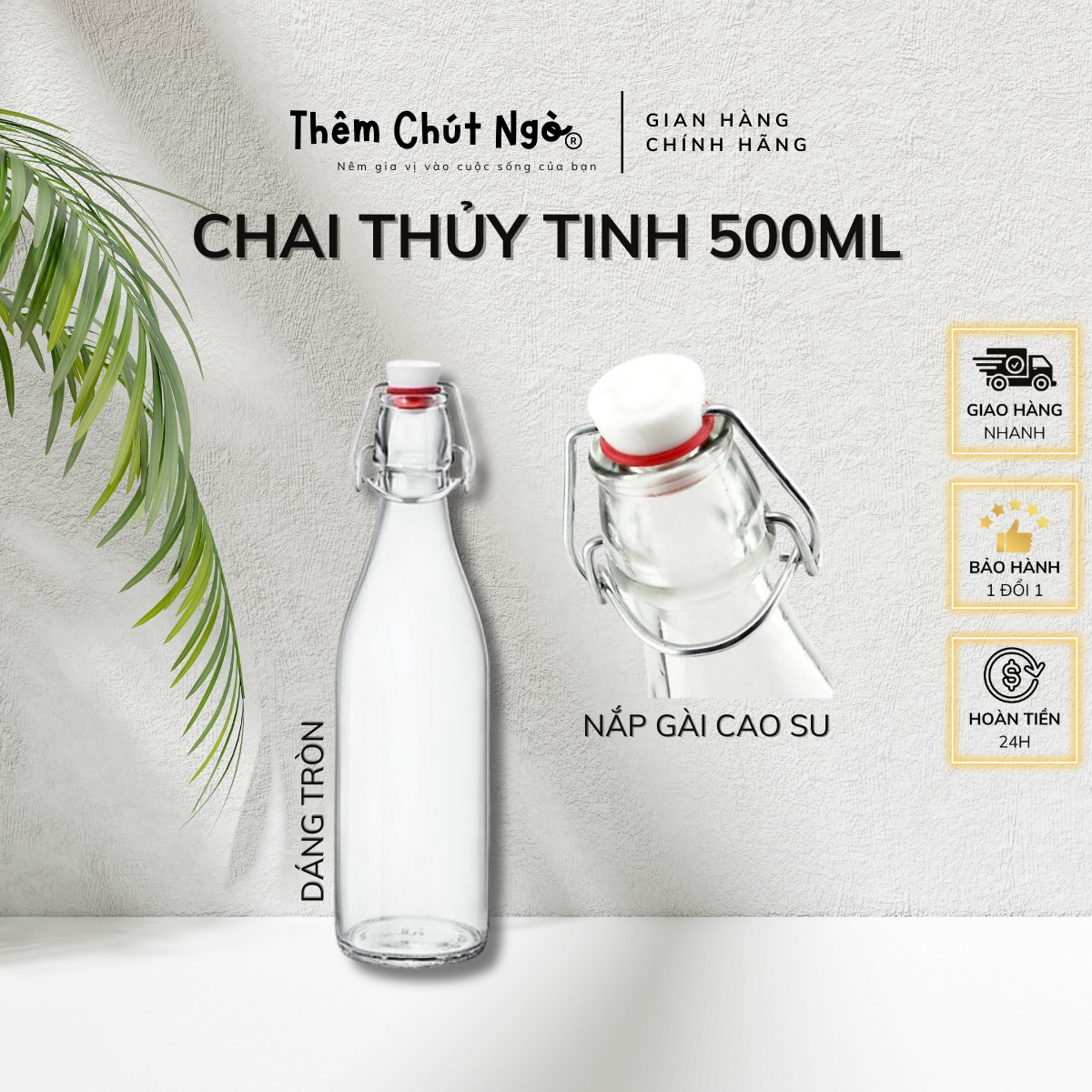 Chai thuỷ tinh nắp gài làm F2 kombucha 500ml chai tròn dáng cao