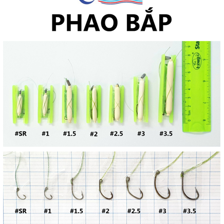 05 bộ phao bắp lưỡi tóm sẵn, câu sặc, cá rô, cá lóc, cá trê