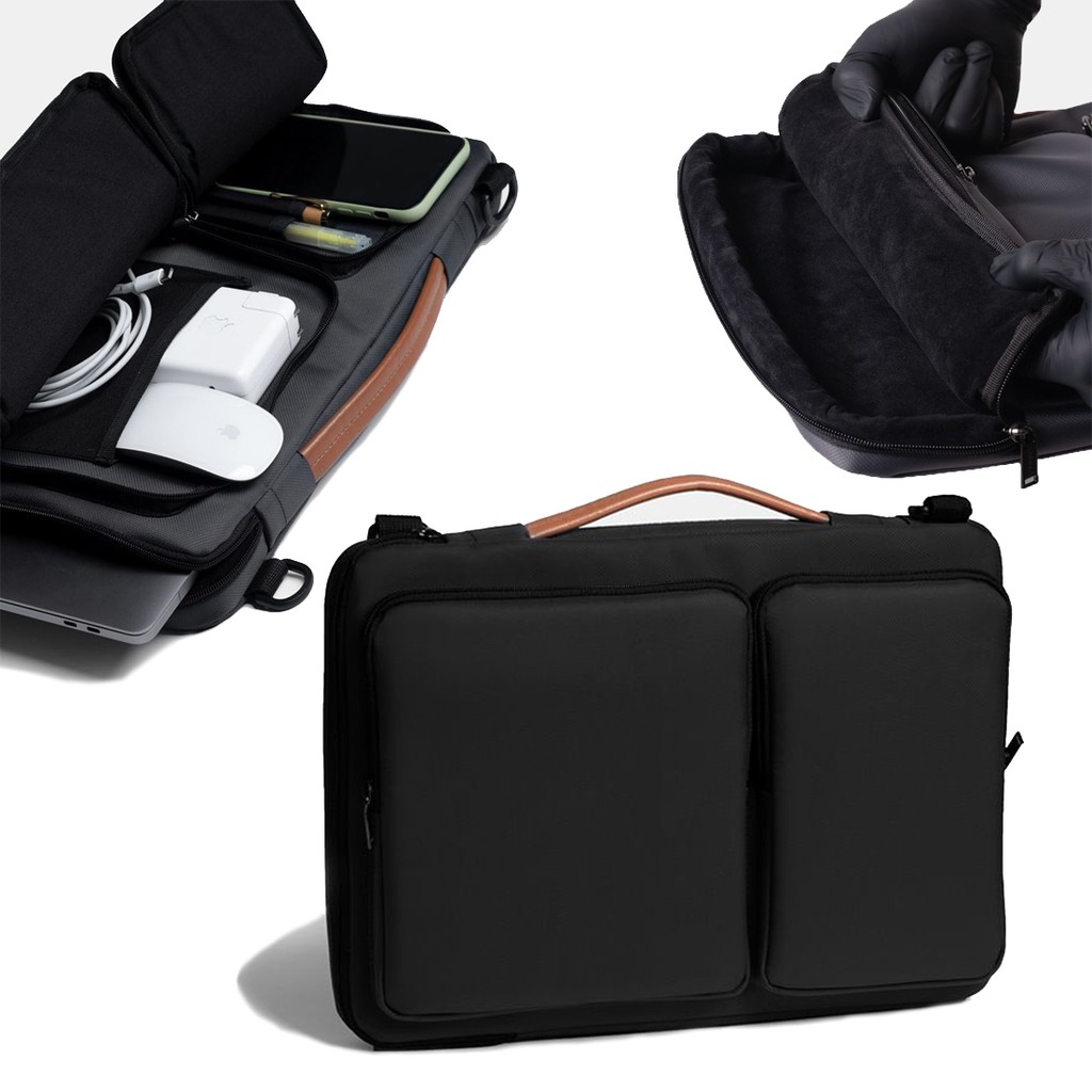 Cặp Xách Túi Chống Sốc Macbook Laptop Vải Oxford Cao Cấp Chống Thấm Nước Có Dây Đeo Chéo Màu Đen