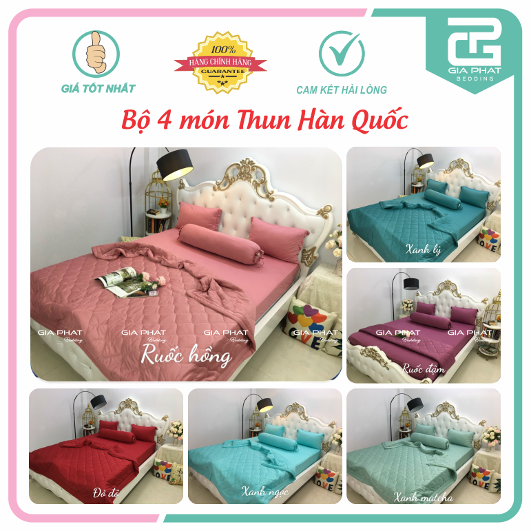 Bộ ga Thun Lạnh Hàn Quốc, ga giường, ga nệm {4 món} họa tiết trơn 1 màu cao cấp ( 1 ga bọc + 2 vỏ gối nằm + 1 vỏ gối ôm )