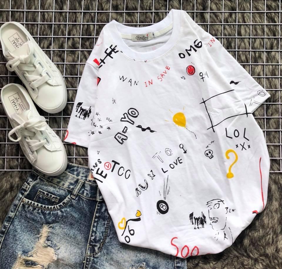 Áo phông tay lở form rộng in họa tiết phong cách unisex