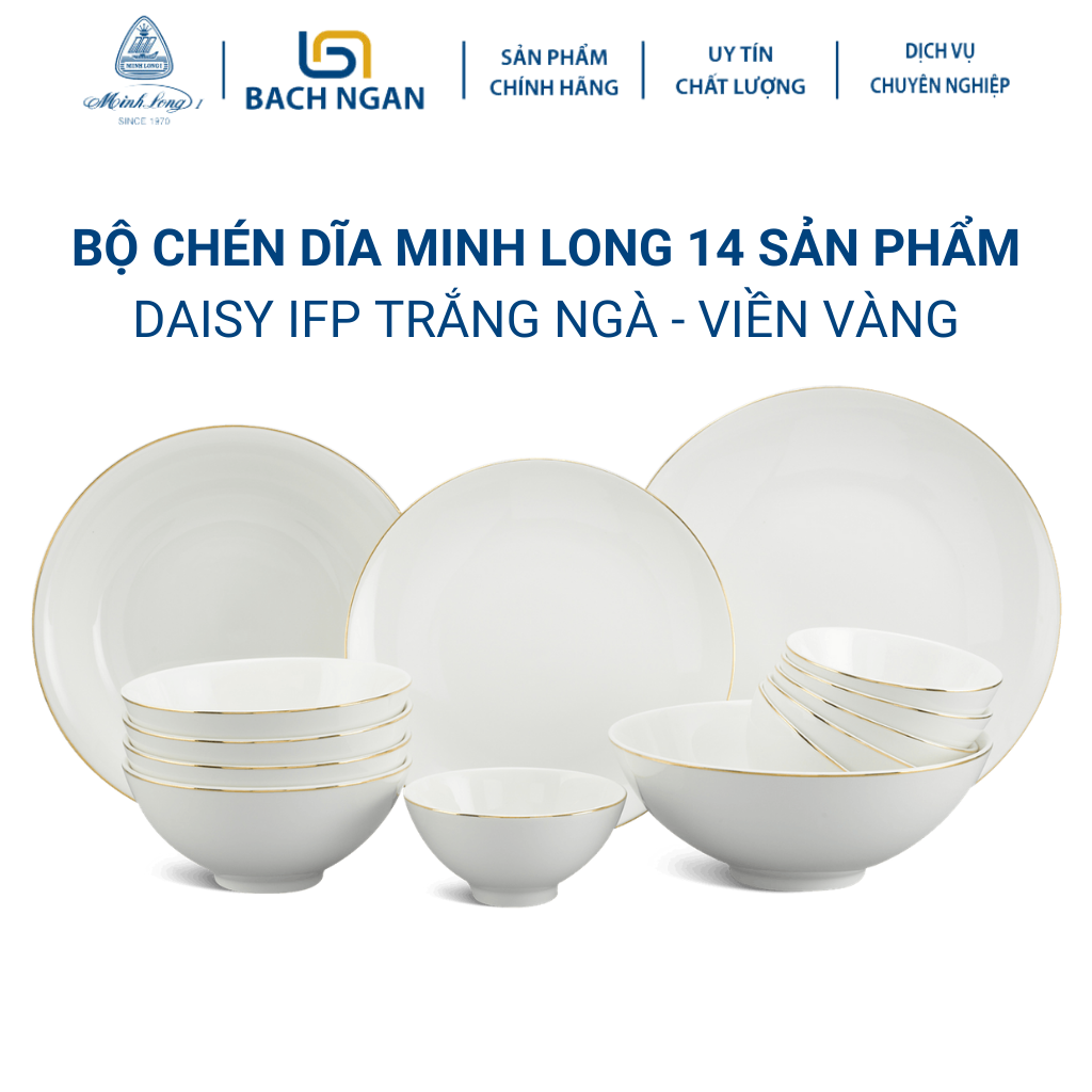 Bộ chén dĩa sứ Minh Long 14 sản phẩm - Daisy IFP - Viền Chỉ Vàng dùng cho gia đình, sứ đẹp cao cấp dùng đãi khách, tặng quà tết - bộ bàn ăn