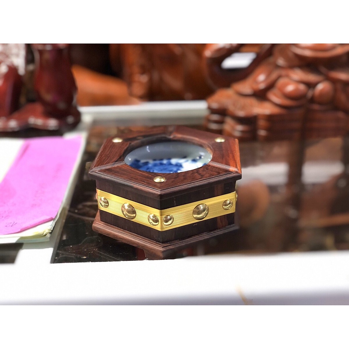Gạt Tàn Gỗ Trắc Nạm Đồng Cao Cấp,gạt tàn gỗ phong thủy