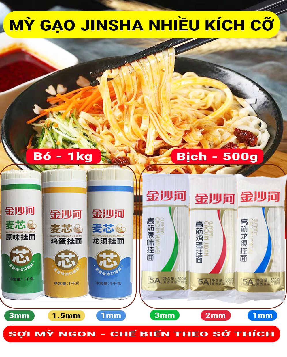 Mỳ sợi jinsha, mỳ trường thọ bó 1kg và 500g, sợi hàng chuẩn, date mới