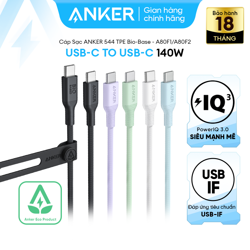 [Không SD iPhone 14 Trở Xuống] Cáp Sạc ANKER 544 chất liệu Bio-Based USB-C to USB-C - Dài 0.9m/1.8m 