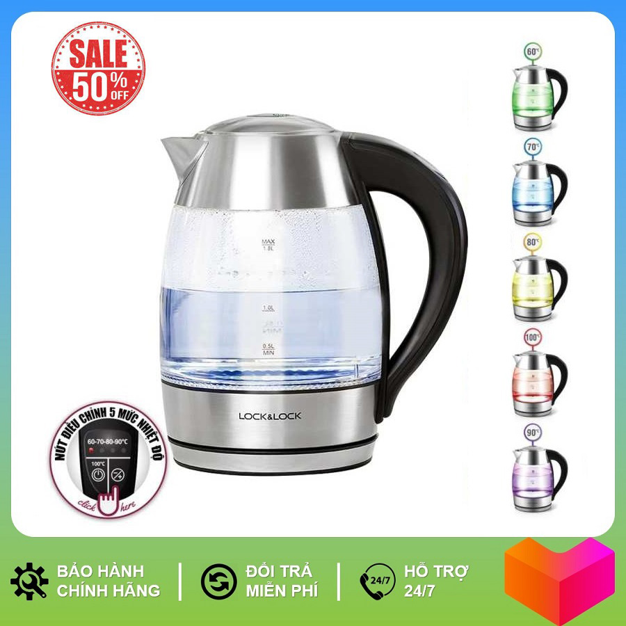 Ấm đun siêu tốc Lock&Loch thủy tinh EJK341 1.8L - Hàng chính hãng có điều chỉnh nhiệt độ sôi, đèn đổi màu, Bảo Hành 2 Năm