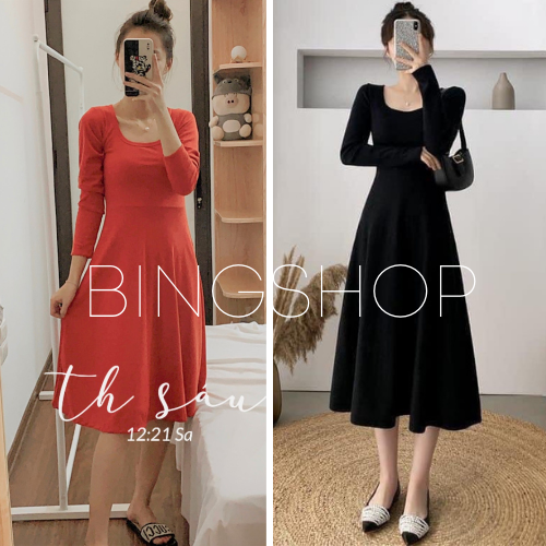 Đầm body len tăm Guuhouse dài tay cổ vuông dáng xòe cao cấp