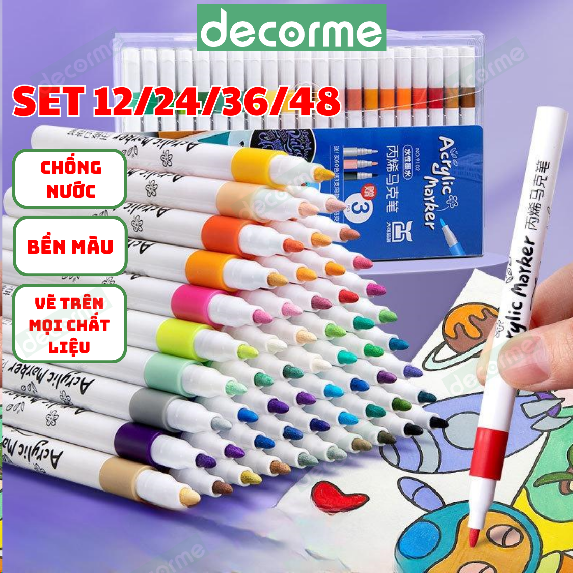 Bút Acrylic Marker Decorme 12/24/36/48 màu bút sơn chống nước bút màu Acrylic vẽ trên mọi chất liệu tô màu DIY vẽ giày vải chai lọ