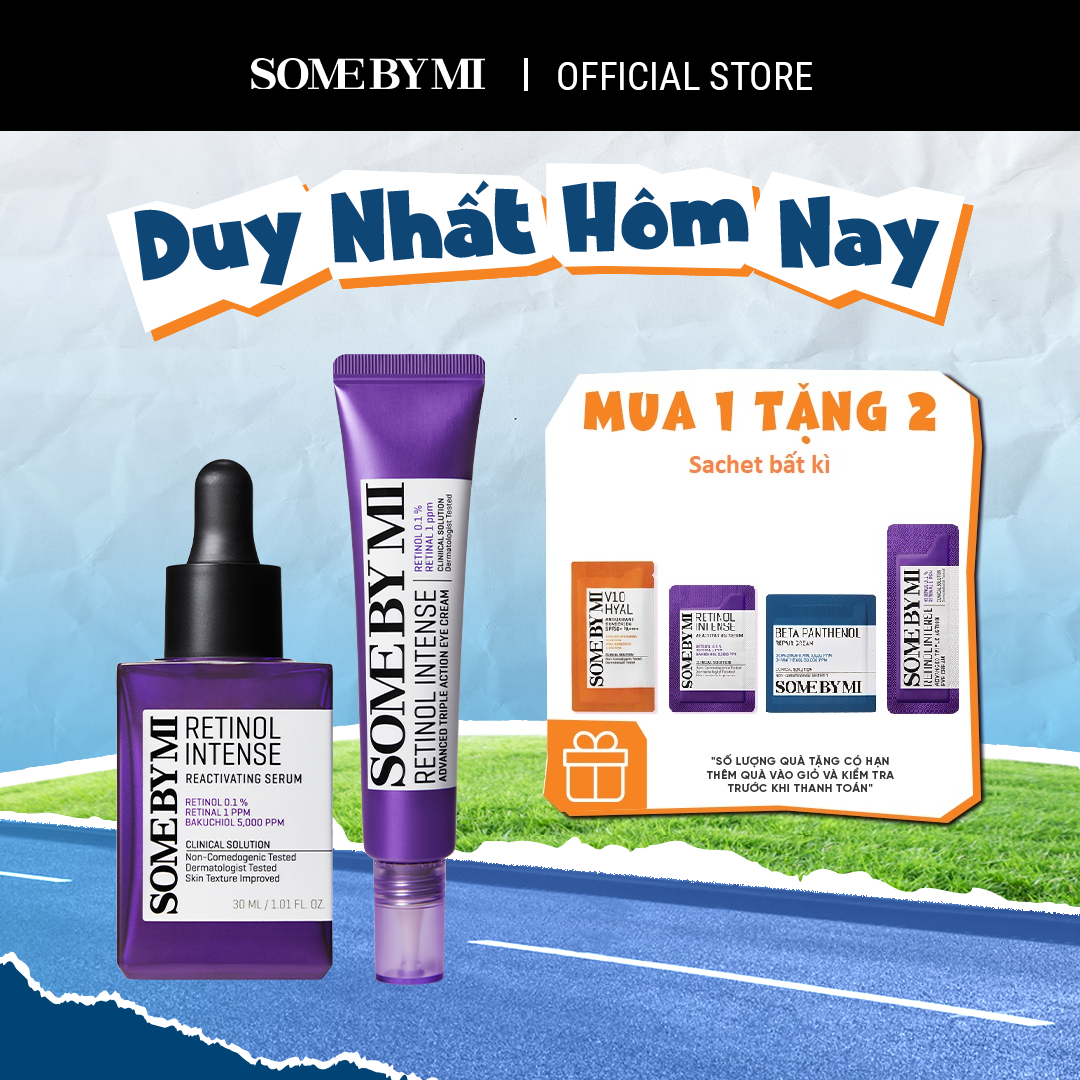 [Qùa tặng 2 sachet (kcn v10 1.5g/ tinh chất retinol 1.5g/ kem mắt retinol 1ml/ kem beta 1.5ml)] Combo chống lão hóa Tinh chất Some By Mi Retinol Intense Reactivating Serum 30ml và Kem dưỡng mắt Retinol Intense Advanced Triple Action 30ml
