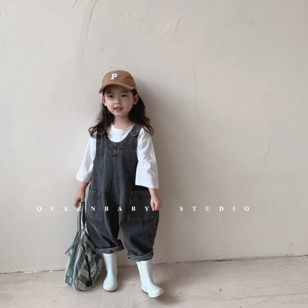 Hàng Mới Về Quần Yếm Denim Dáng Rộng Phối Túi Lớn Phong Cách Hàn Quốc Thời Trang Xuân Thu Mới Cho Bé Gái