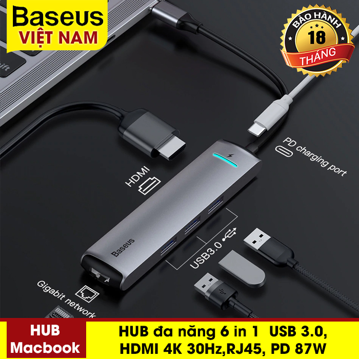 [BẢO HÀNH 12 THÁNG]  HUB đa năng Baseus 6 in 1 USB C HUB HDMI RJ Adapter USB Loại C để USB 3.0 HDMI RJ45 đối với MacBook Pro HUB Splitter đối với Huawei matebook