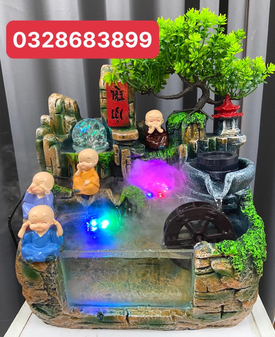 Thác nước phong thủy tài lộc tiểu cảnh hòn non bộ mini, kèm bơm đèn và chú tiểu