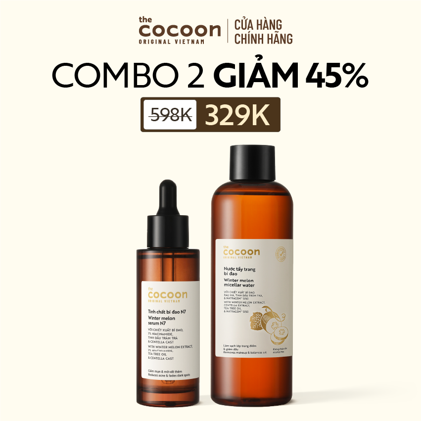 COMBO 1 Tinh chất bí đao N7 70ml + 1 Bigsize Nước tẩy trang bí đao Cocoon 500ml