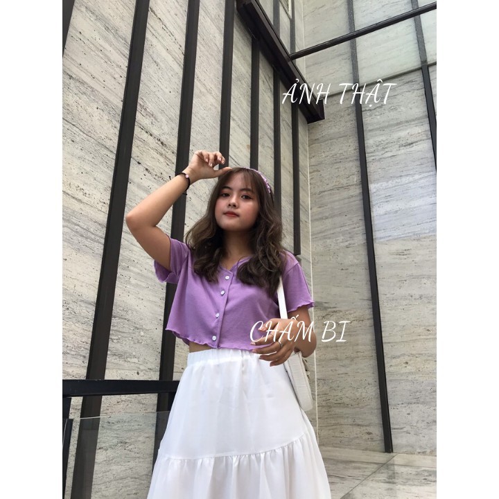 [HCM]Áo croptop cổ tim cài cúc tay ngắn form rộng xinh xắn