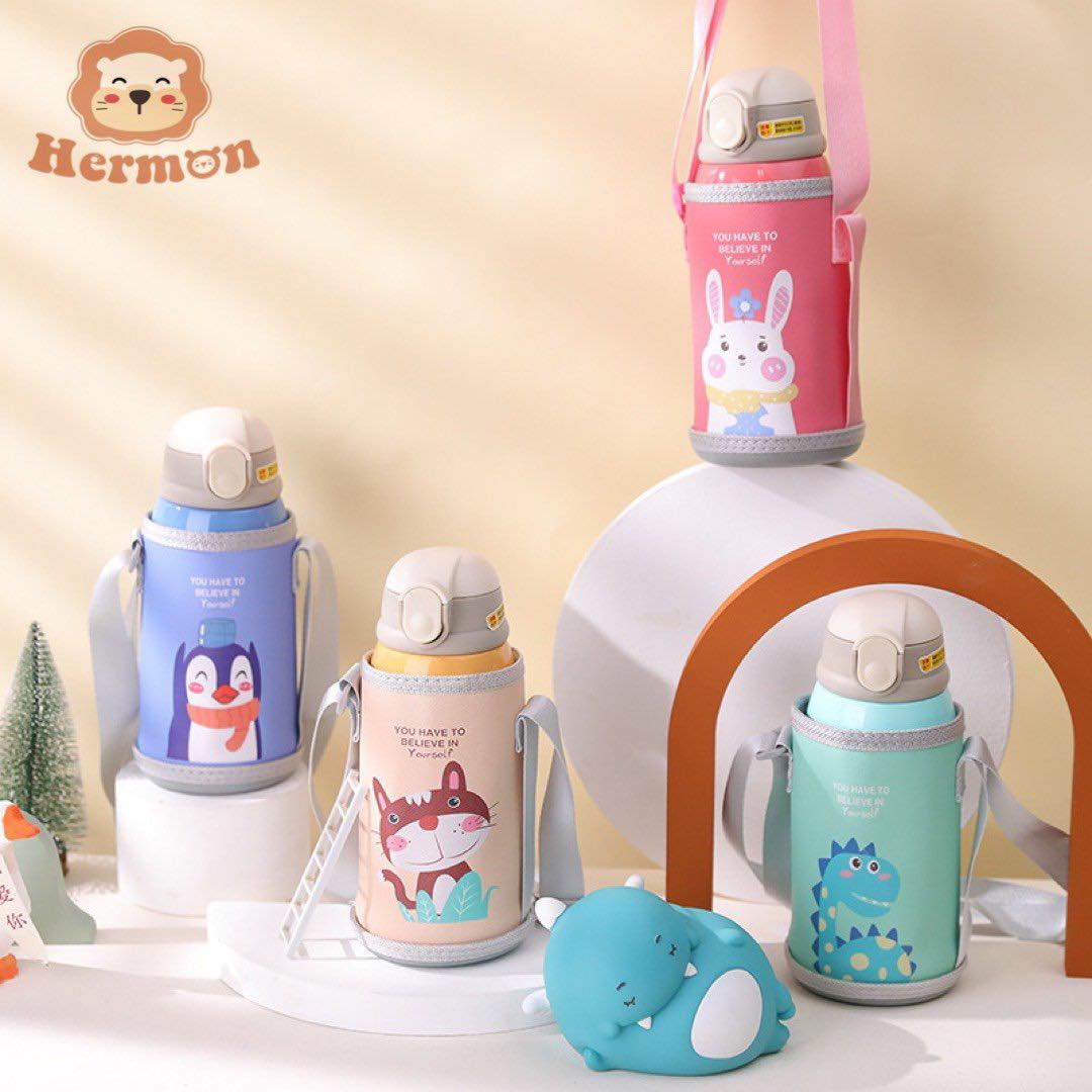 Bình đựng nước uống giữ nhiệt thông minh Hermon 600ml cho bé - 2 nắp tiện lợi - Seed House