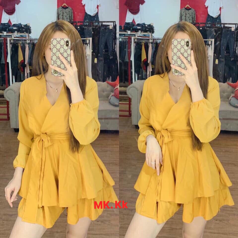 Đầm voan tay dài cổ V kiểu jum kèm thắt nơ eo siêu xinh TTSA0176