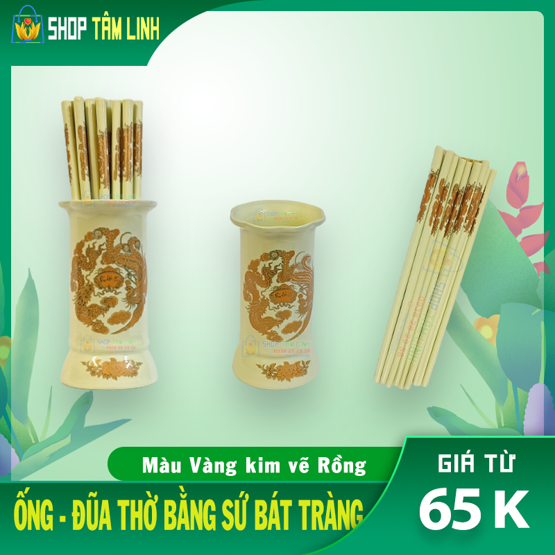 Đũa thờ cúng bằng gốm sứ Bát Tràng màu men ngà vẽ vàng - Shoptamlinh