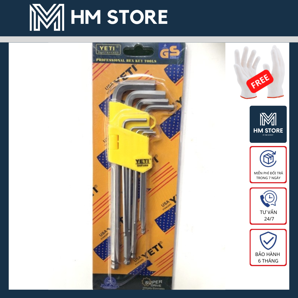 Bộ lục giác bi yeti 9 cây 1.5 - 10mm - thép không gỉ cao cấp