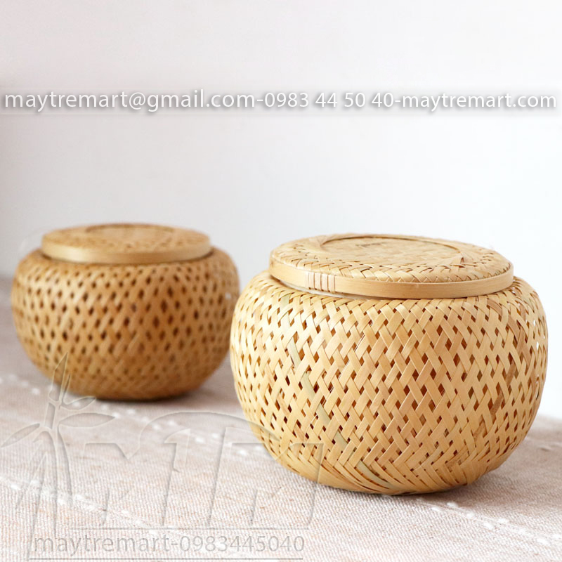Hộp tre tròn 2 lớp, hộp để kim chỉ, dây cột tóc / Hộp lưu trữ quà tặng, lưu niệm.