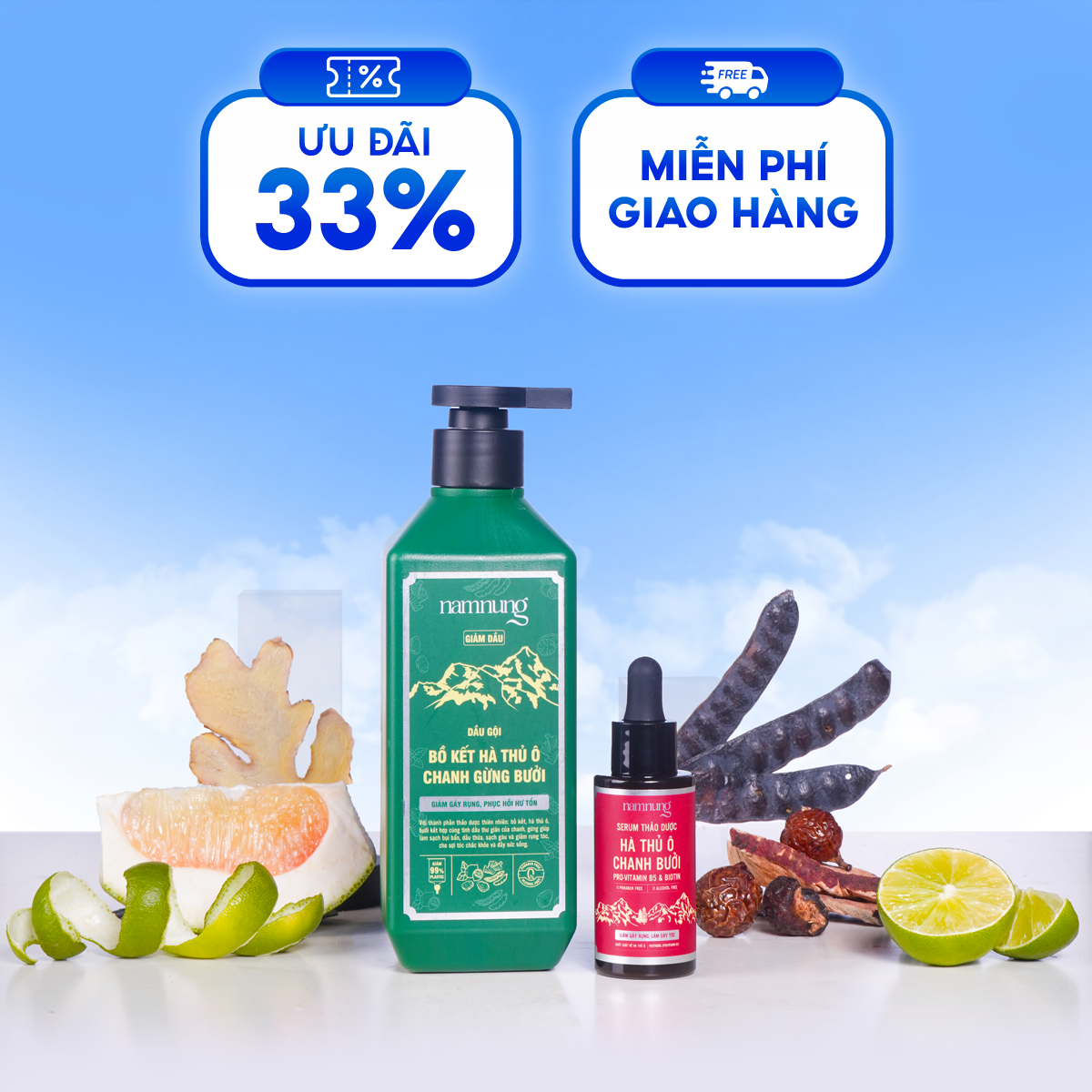 Combo dầu gội thảo dược NAM NUNG kèm serum hỗ trợ giảm gãy rụng, mọc tóc con bản kiềm dầu