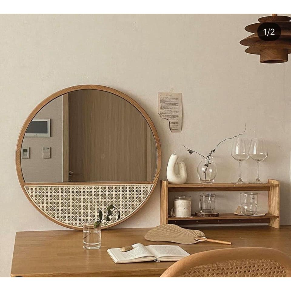 Gương tròn viền gỗ thông d40, gương decor nhà cửa