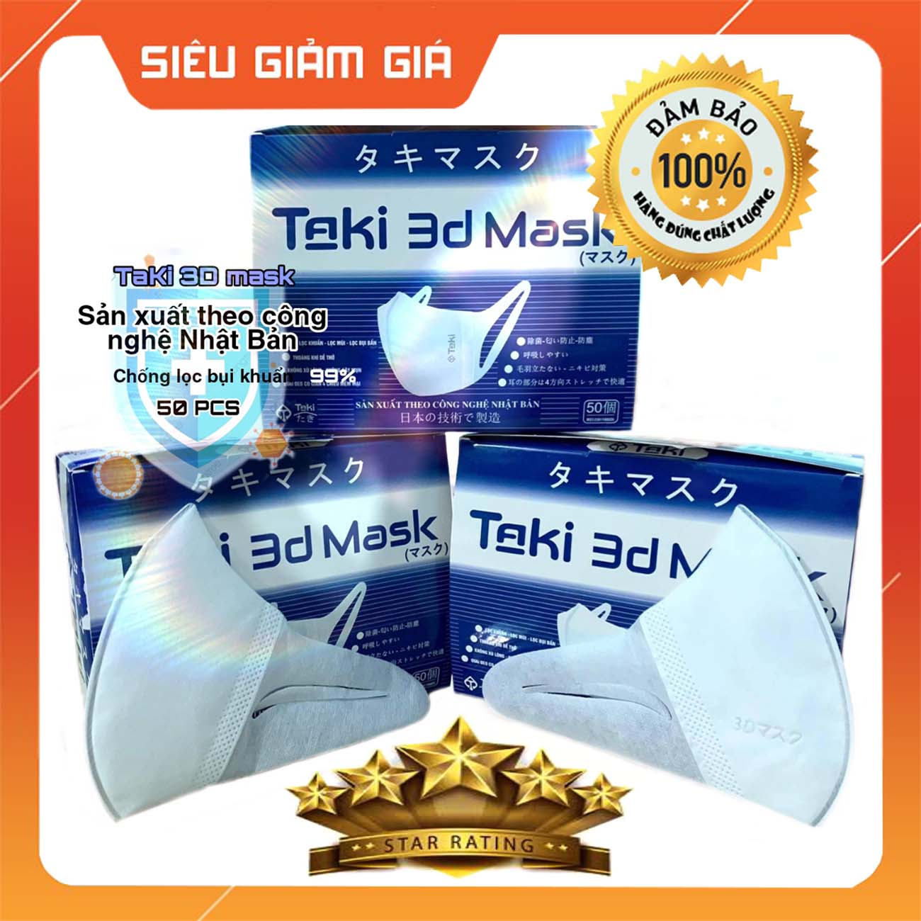 Khẩu trang y tế 3d mask Taki hộp 50 cái kháng khuẩn, có tem niêm phong, có logo. Chống bụi mịn công nghệ nhật bản, đạt tiêu chuẩn iso của bộ y tế, form ôm sát mặt. Khẩu trang 3d mask chính hãng