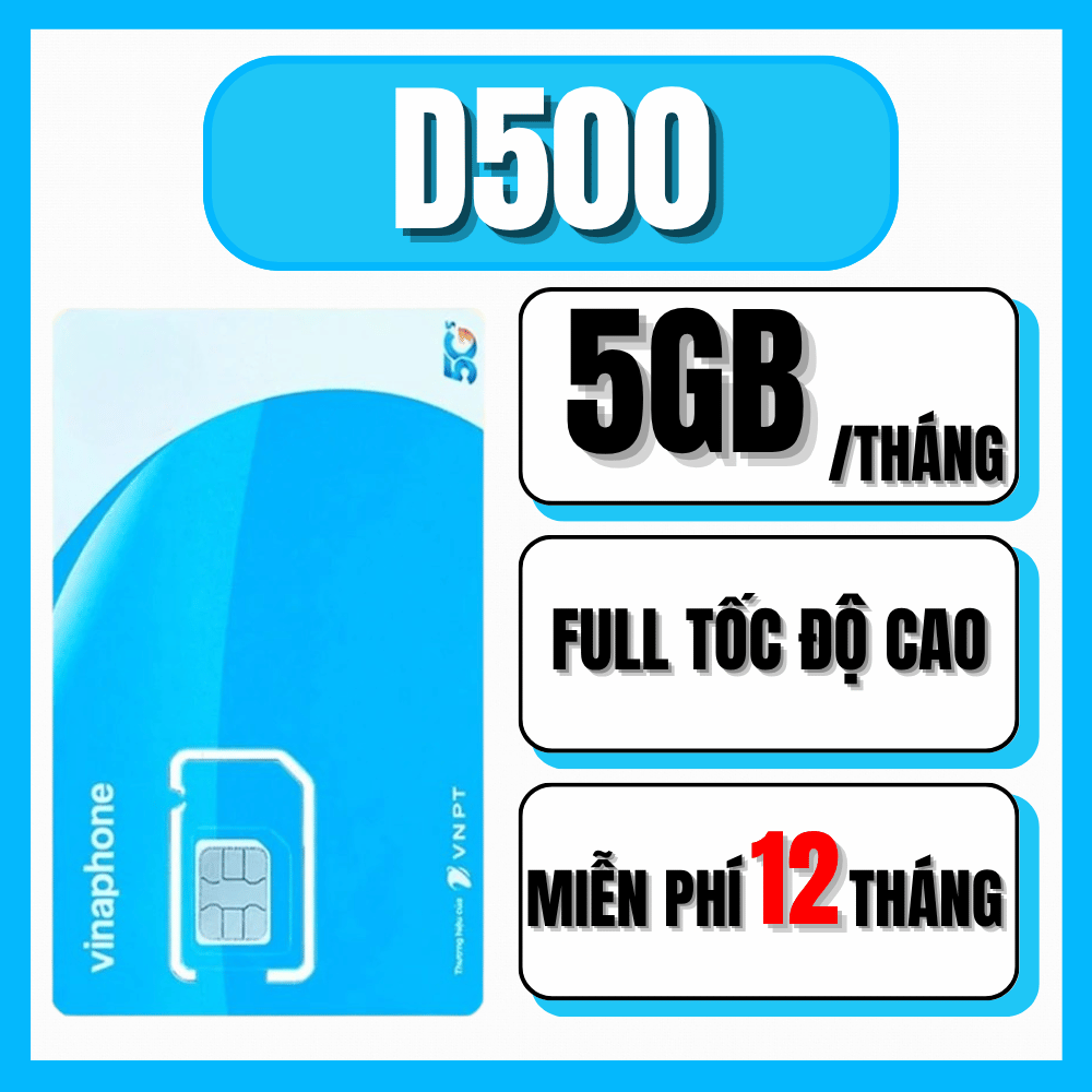 Sim 4G Vina D500 Trọn Gói 12 Tháng - Có ngay 5GB 1 Tháng TỐC ĐỘ CAO - Không phát sinh phí trong suốt 1 năm . FREESHIP - CHƯA KÍCH HOẠT