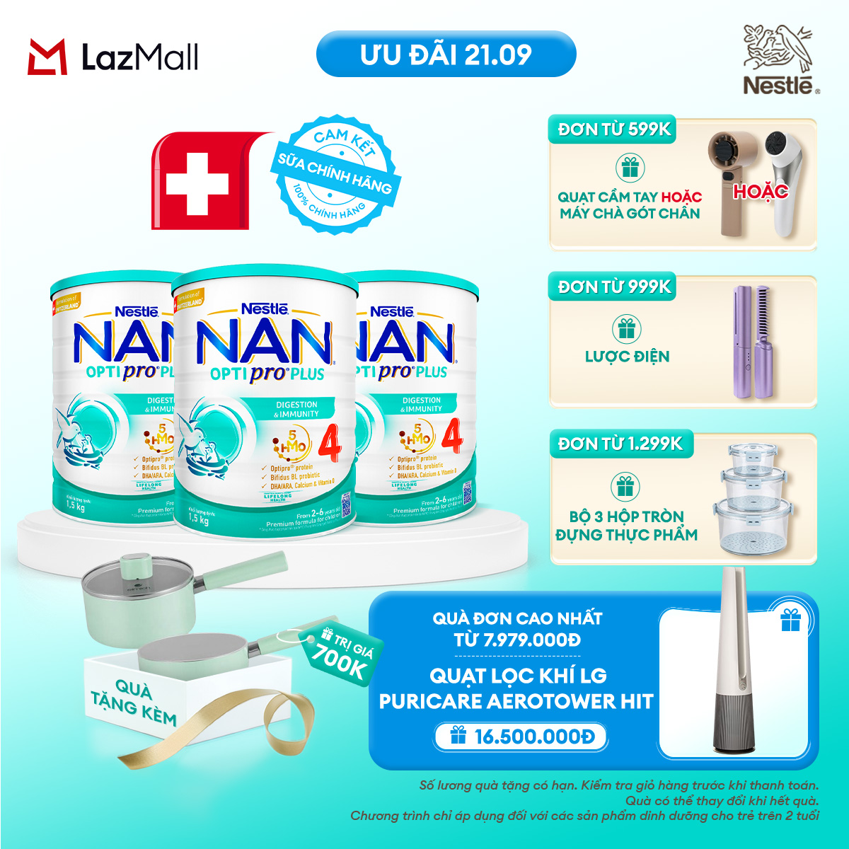 [CHỈ 21.09 QT ĐƠN 599K/999K/1299K][Tặng Bộ chảo quánh elmich] Bộ 3 lon Sữa bột Nestlé NAN OPTIPRO PLUS 4 1500g/lon với 5HMO Giúp tiêu hóa tốt