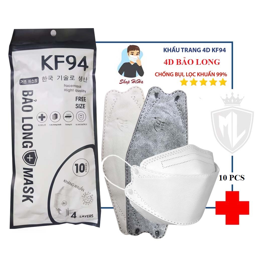 [COMBO 5] Khẩu trang 4D Mask KF94 Bảo Long  4 lớp. Bịch 10 chiếc Khẩu Trang Công Nghệ dập Hàn Quốc lọc bụi mịn, kháng khuẩn,ngăn ngừa khói bụi, vi khuẩn các bệnh lây nhiễm qua đường hô hấp.Thiết kế đa chiều thoáng khí