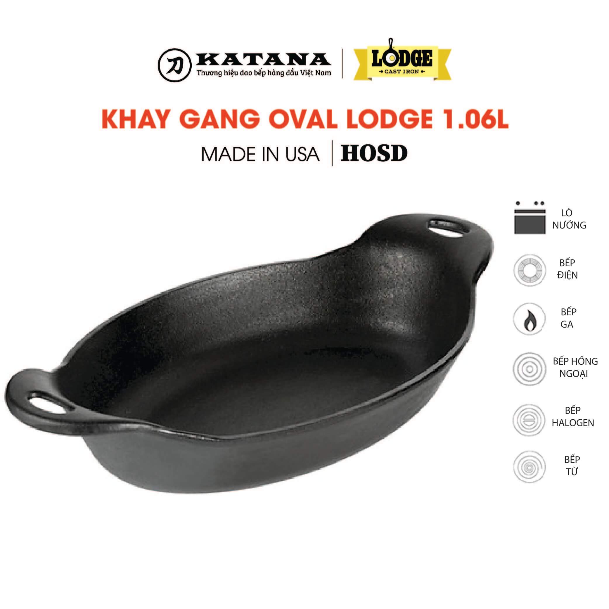 Khay gang oval Lodge 1.06L - Khay nướng gang đen không dính tự nhiên, siêu bền - Bảo hành chính hãng HOSD