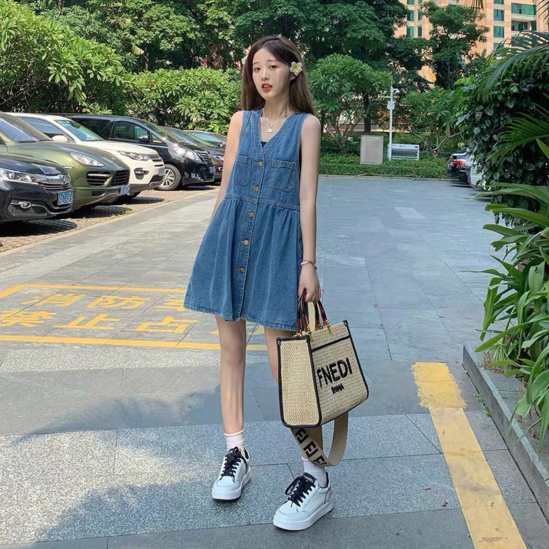 Váy/ đầm babydoll jean bò nữ dáng xoè gài nút xoài store