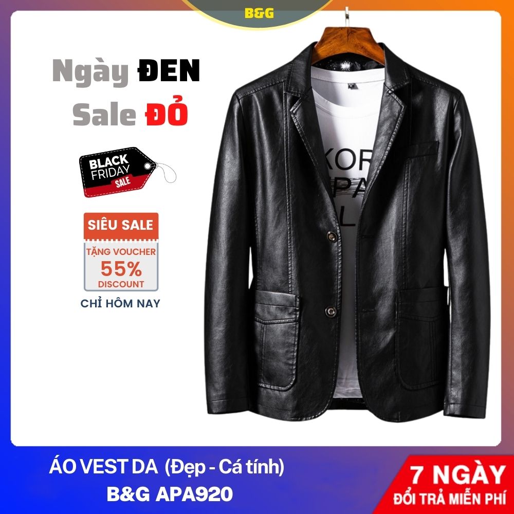 Áo vest da nam cao cấp b&g adv920, áo khoác vest công sở thường ngày cho nam