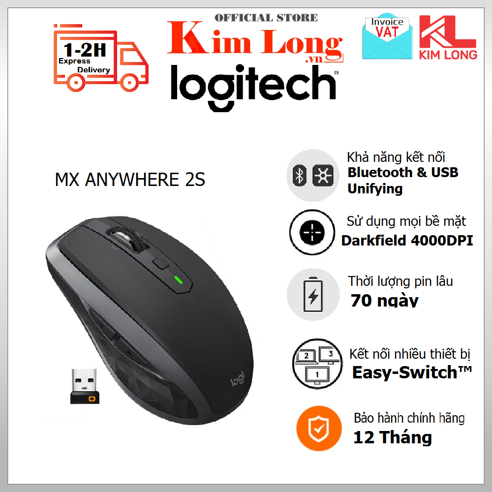Chuột Logitech MX Anywhere 2S Không dây Bluetooth và Usb Wireles - Dùng trên bàn kính - Darkfield 1000DPI - Bảo hành 12 tháng
