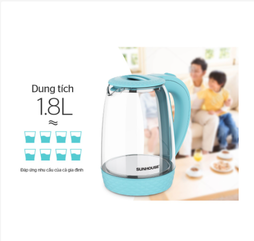 Ấm siêu tốc thủy tinh 1.8 l sunhouse shd1215