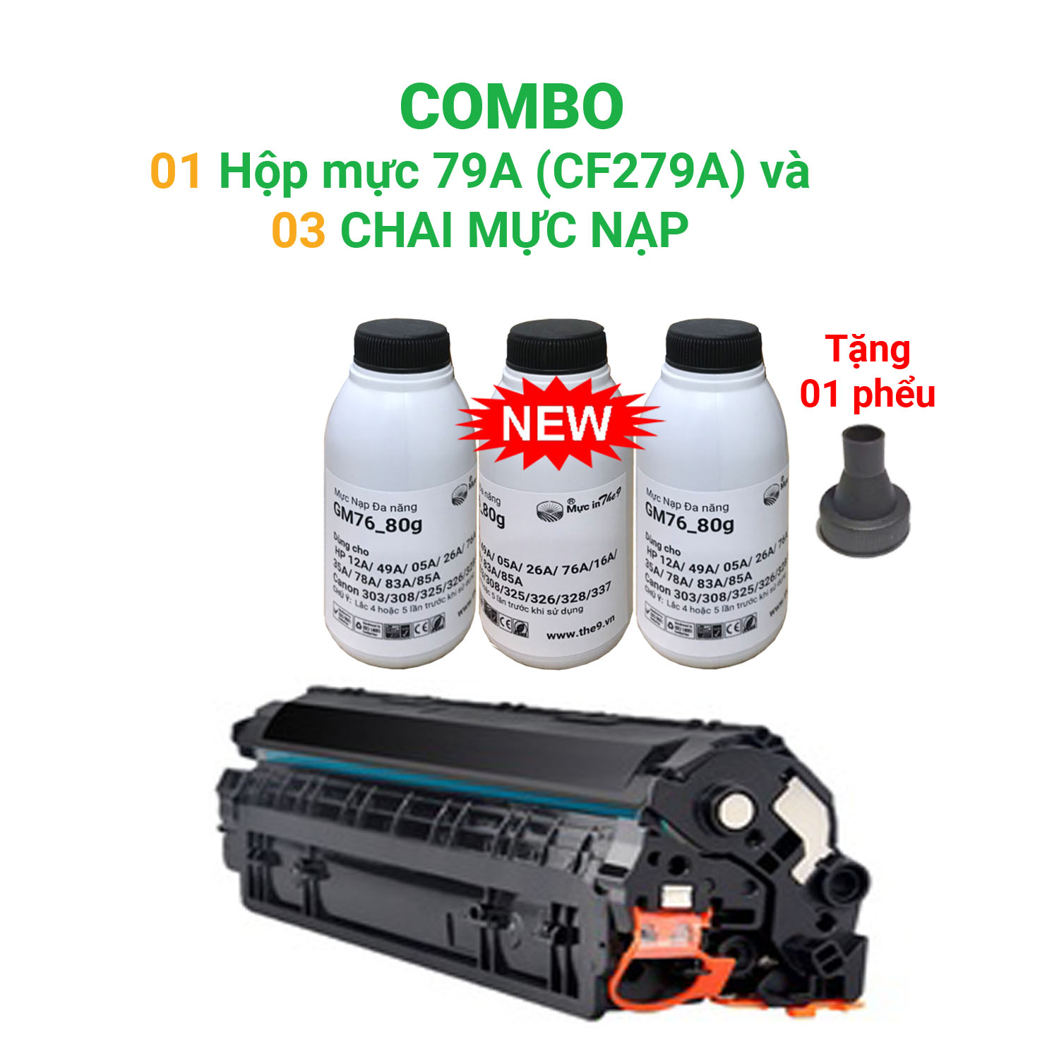 Combo 01 hộp mực 79a và 03 chai mực nạp cho máy hp pro m12a/ m12w/ m26a/ m26nw/ 01 hộp mực/ 03 chai mực nạp gm76
