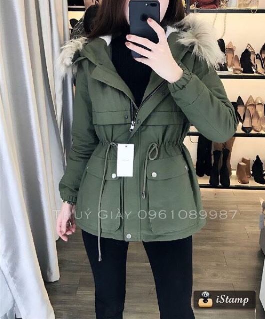Áo parka nữ, áo khoác mùa đong lót lông cừu dây rút eo mũ lông sang chảnh
