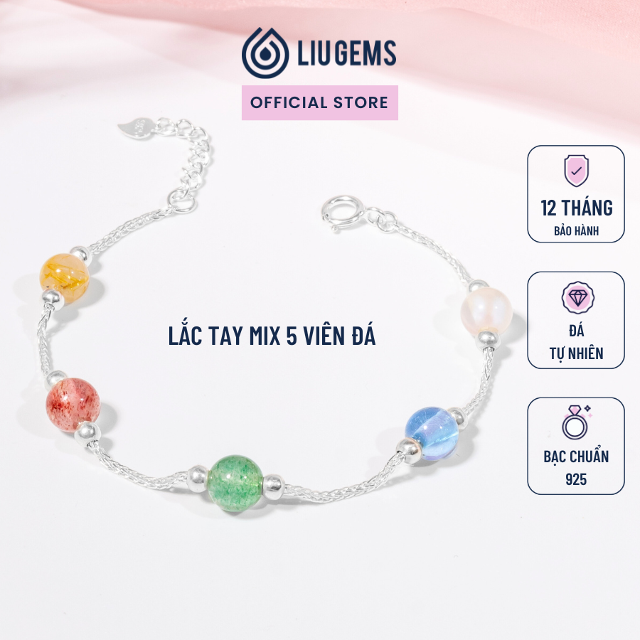 Vòng Lắc Tay Bạc 925 Nữ Liugems Mix 5 Hạt Đá Phong Thuỷ May Mắn, Nhiều Năng Lượng Size Nhỏ VB05