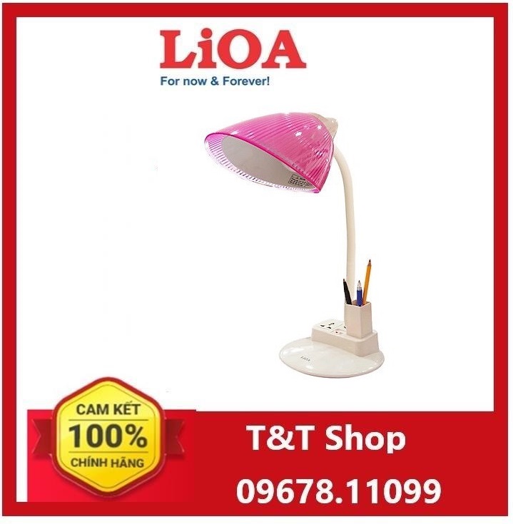Đèn bàn Lioa có hộp bút và ổ cắm ĐN - Màu hồng